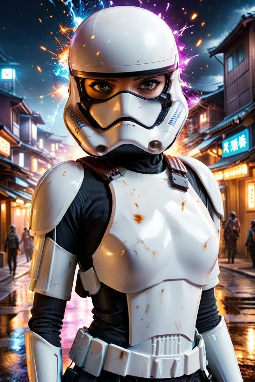 watercolor splash photo sabine wren, big breast ,big smile, ], wearing storm trooper armor at tanzaku town. art by aliza razell, vibrant, beautiful, low light, artistic, high-energy, detailed, iconic, colorful explosion