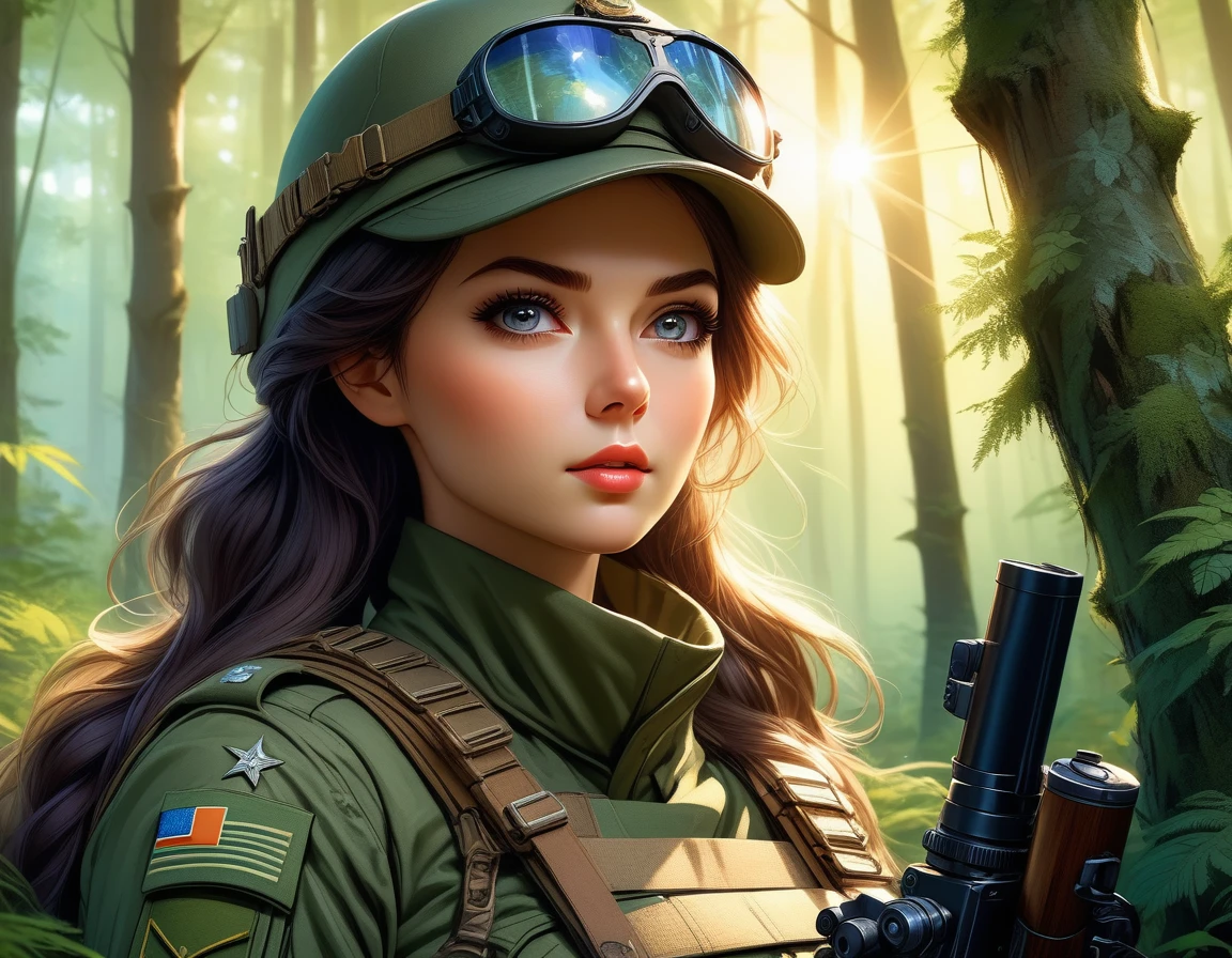 A female sniper,Octetopter， Intricate details, Highly detailed military uniform, Delicate face, beautiful eyes, Long eyelashes, Determine the expression, Holding, In a forest environment, Sunlight through the trees, light, Vibrant colors, Drama, masterpiece,Aim the lens