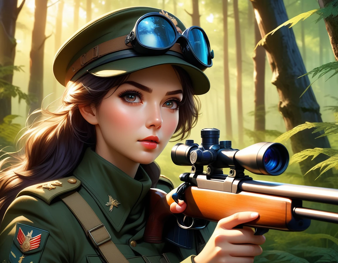 A female sniper,Octetopter， Intricate details, Highly detailed military uniform, Delicate face, beautiful eyes, Long eyelashes, Determine the expression, Holding, In a forest environment, Sunlight through the trees, light, Vibrant colors, Drama, masterpiece,Aim the lens