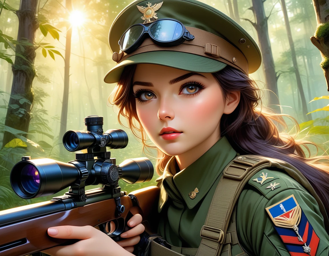 A female sniper,Octetopter， Intricate details, Highly detailed military uniform, Delicate face, beautiful eyes, Long eyelashes, Determine the expression, Holding, In a forest environment, Sunlight through the trees, light, Vibrant colors, Drama, masterpiece,Aim the lens