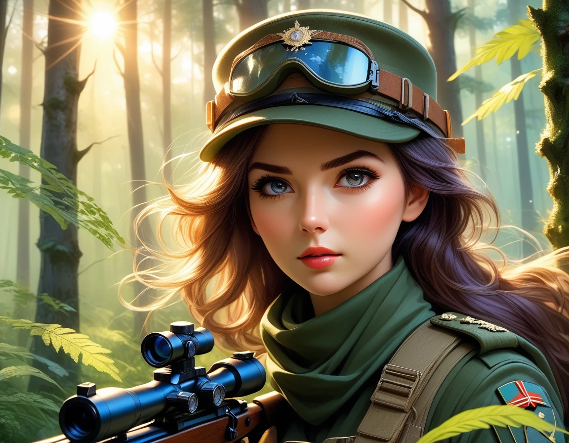 A female sniper,Octetopter， Intricate details, Highly detailed military uniform, Delicate face, beautiful eyes, Long eyelashes, Determine the expression, Holding, In a forest environment, Sunlight through the trees, light, Vibrant colors, Drama, masterpiece,Aim the lens