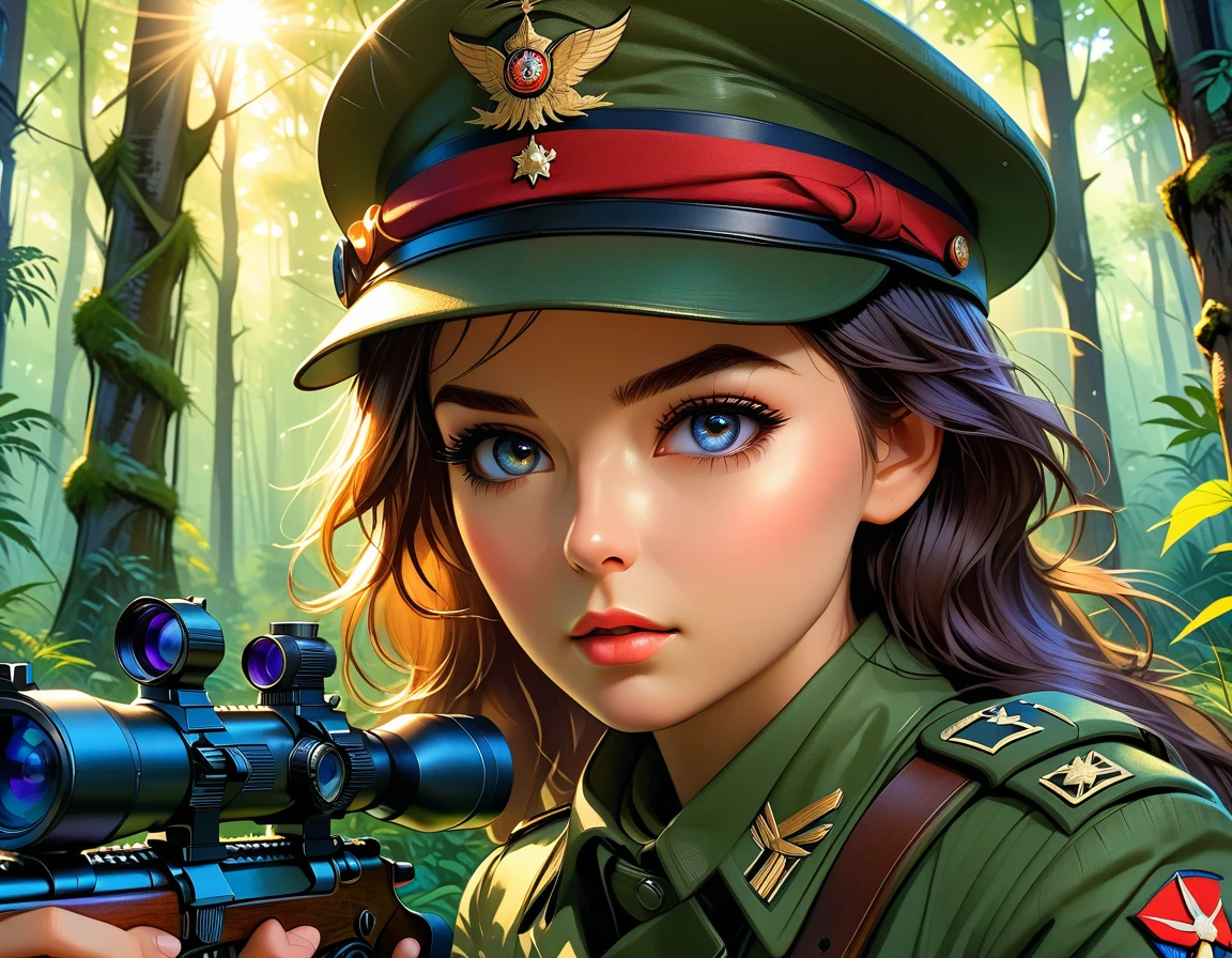 A female sniper,Octetopter， Intricate details, Highly detailed military uniform, Delicate face, beautiful eyes, Long eyelashes, Determine the expression, Holding, In a forest environment, Sunlight through the trees, light, Vibrant colors, Drama, masterpiece,Aim the lens