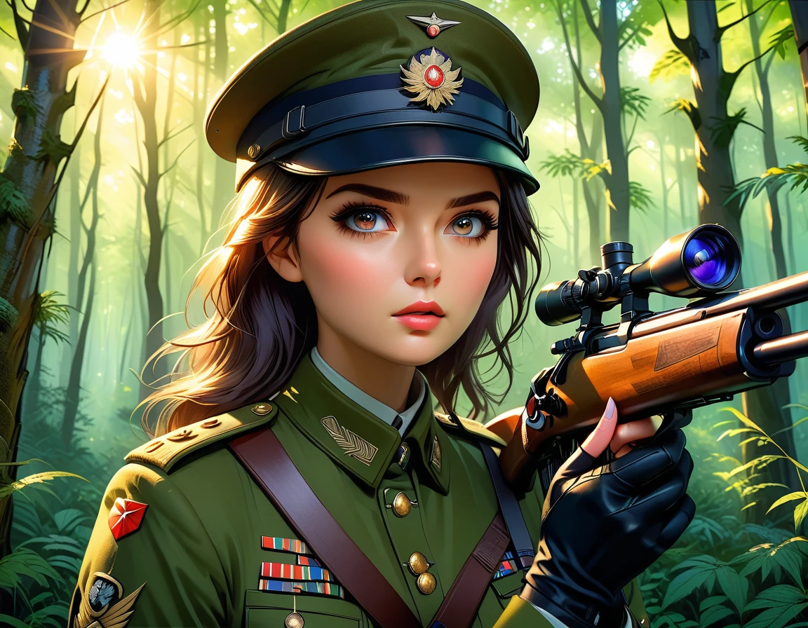 A female sniper,Octetopter， Intricate details, Highly detailed military uniform, Delicate face, beautiful eyes, Long eyelashes, Determine the expression, Holding, In a forest environment, Sunlight through the trees, light, Vibrant colors, Drama, masterpiece,Aim the lens