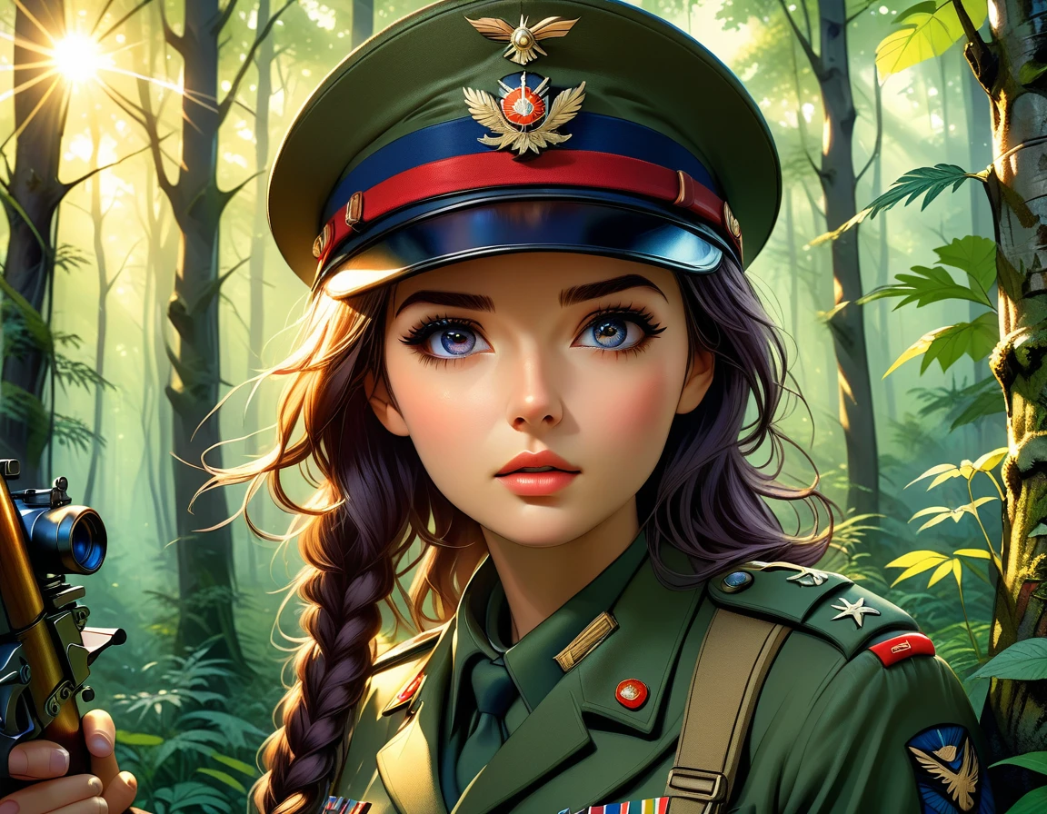 A female sniper,Octetopter， Intricate details, Highly detailed military uniform, Delicate face, beautiful eyes, Long eyelashes, Determine the expression, Holding, In a forest environment, Sunlight through the trees, light, Vibrant colors, Drama, masterpiece,Aim the lens