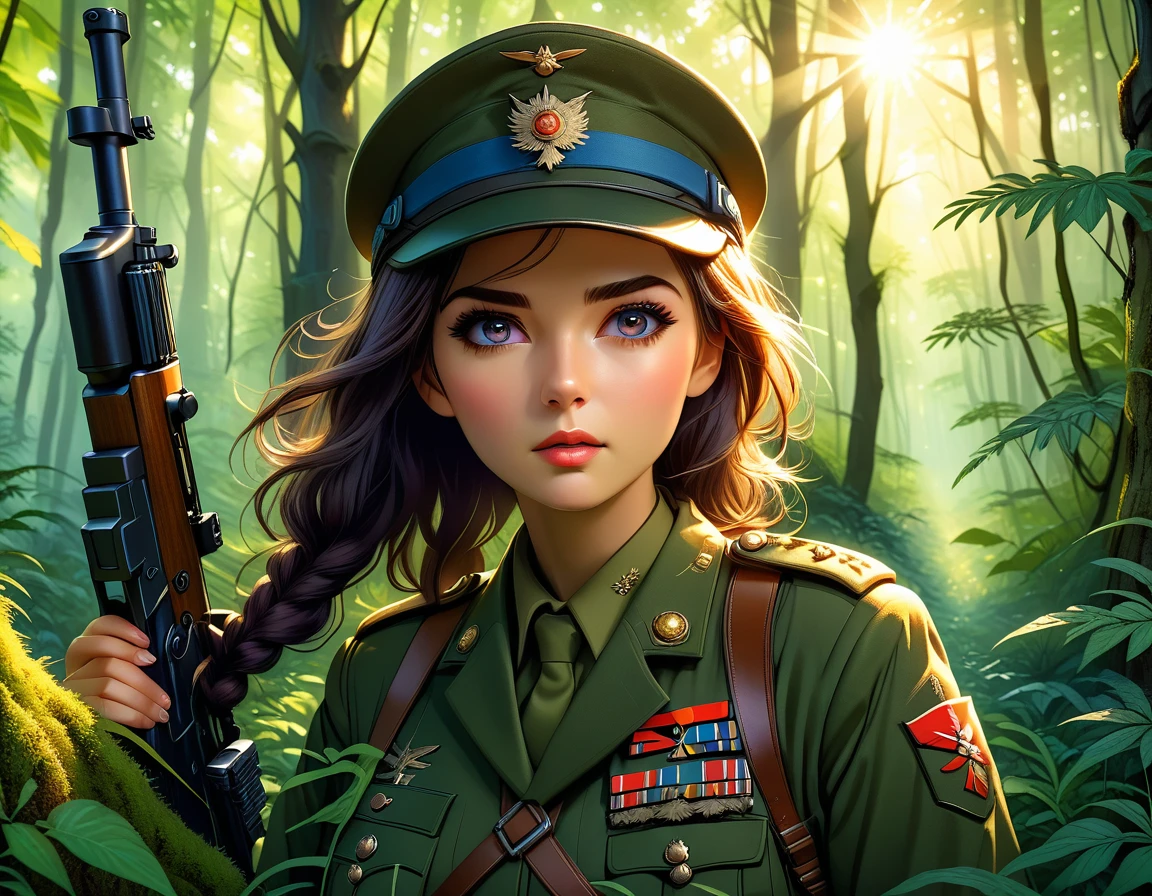 A female sniper,Octetopter， Intricate details, Highly detailed military uniform, Delicate face, beautiful eyes, Long eyelashes, Determine the expression, Holding, In a forest environment, Sunlight through the trees, light, Vibrant colors, Drama, masterpiece,Aim the lens