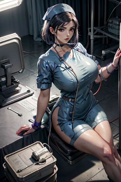 nurse uniform,hospital, latex nurse suit,nurses,busty,elbow gloves,labcoat,grey hair woman,red eyes , gigantic ,medical instrume...