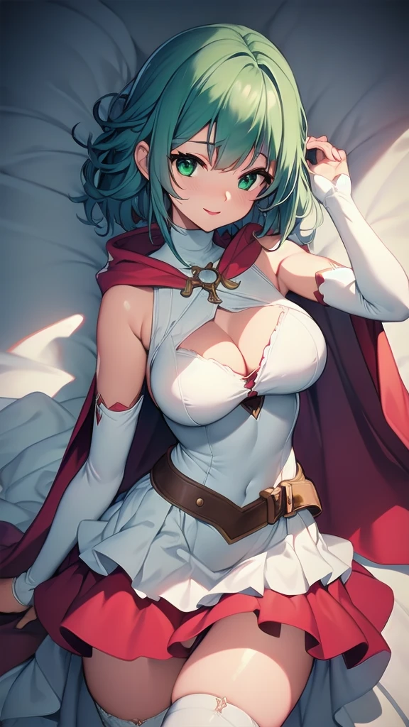 (masterpiece, best quality, ultra-detailed, best shadow), solo girl, light blue hair, green eyes, short hair, medium breasts, sexy body and face, wavy hair, smile, parted lips, red lips, circlet, skirt, bridal gauntlets, jewelry, cape, bare shoulders, sandals, sleeveless dress, red cape, long sleeves, wide sleeves, side slit, white dress, detached sleeves, turtleneck, ribbon, pink dress, fingerless gloves, cafe, sexy pose, cowboy shots, sharp focus, vibrant, creative, dynamic, high definition, high resolution, 8k, (Upscale: R-ESRGAN 4x+ Anime6mage enchance:4x), voluptuous body, cinema lightning, dakimakura style, looking at the viewer,