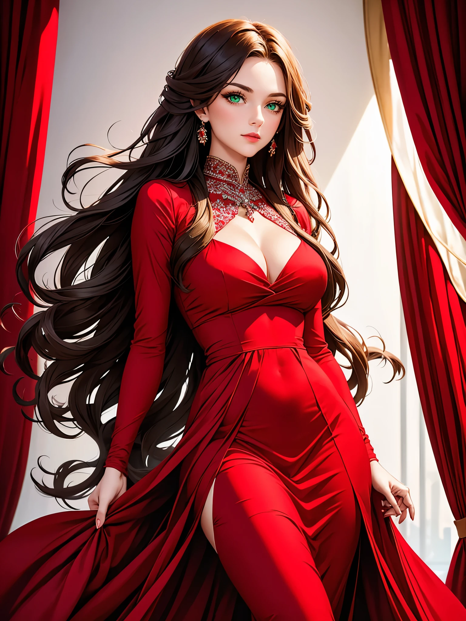 Beautiful 25 year old woman with green eyes and long hair wearing elegant red dress on a photo shoot inside a professional photo studio 