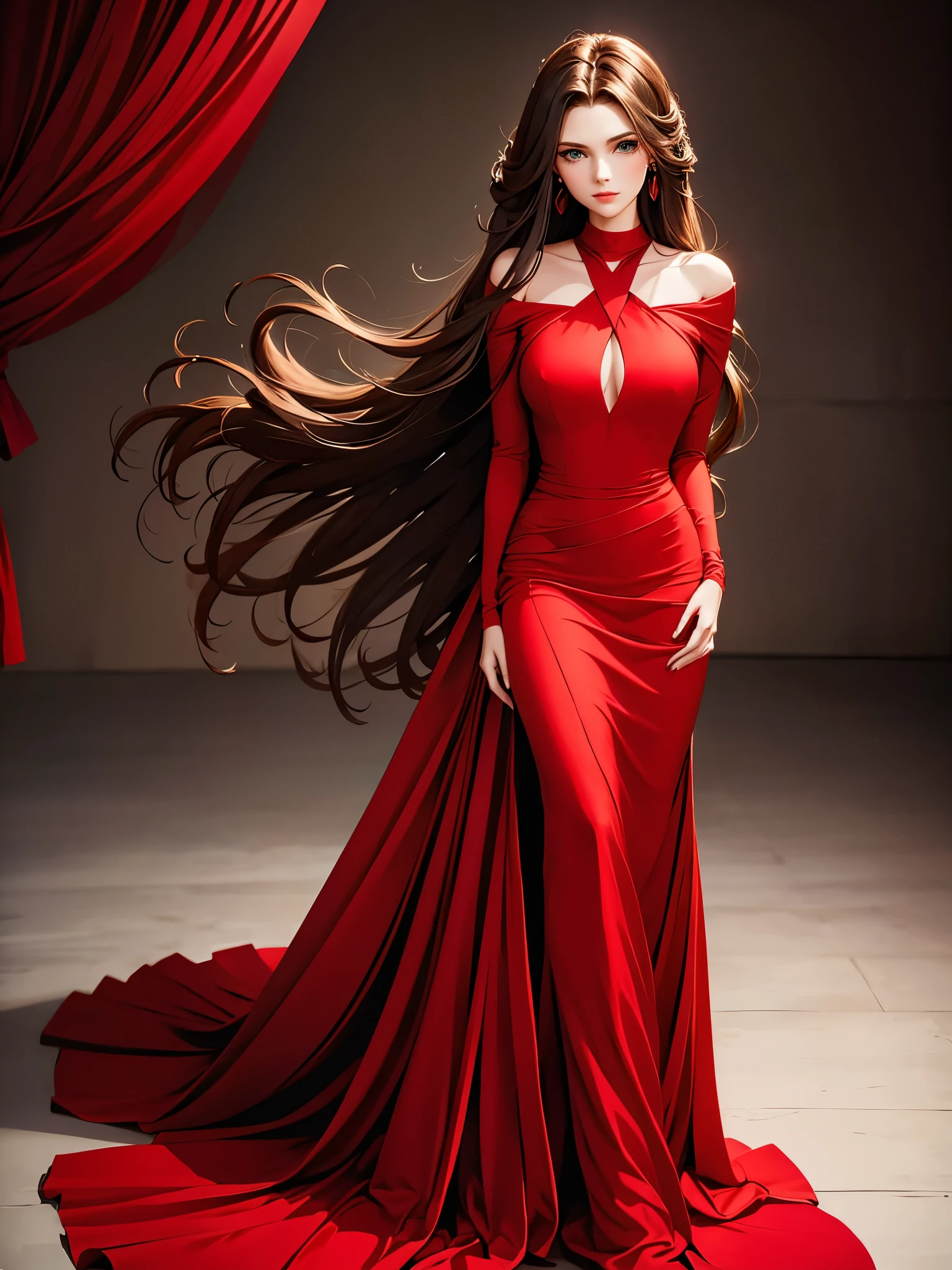 Beautiful 25 year old woman with green eyes and long hair wearing elegant red dress on a photo shoot inside a professional photo studio 