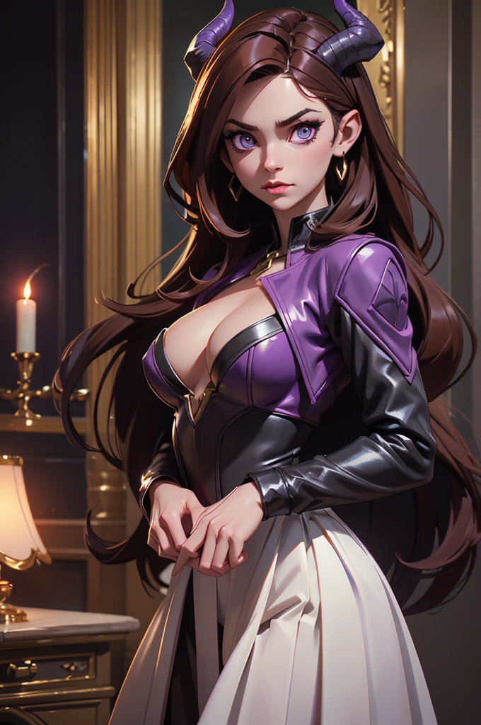 a demonic succubus woman with purple wings and tail, brown hair, golden eyes, thin purple horns, wearing a white dress with a leather jacket, fine facial features and almond-shaped eyes, (best quality,4k,8k,highres,masterpiece:1.2),ultra-detailed,(realistic,photorealistic,photo-realistic:1.37),digital painting,concept art,fantasy,dark fantasy,dramatic lighting,dramatic shadows,cinematic,moody,vibrant colors,glowing eyes
