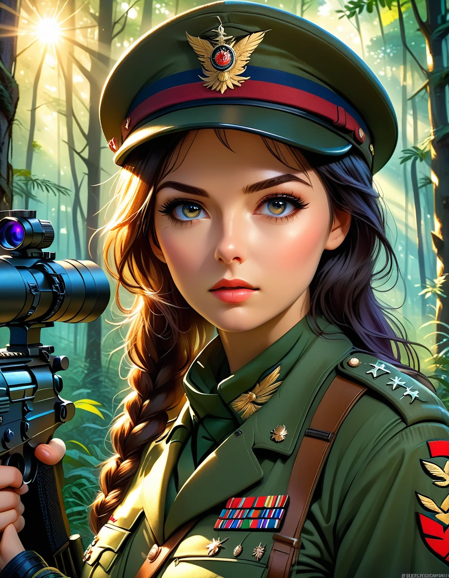 A female sniper,Octetopter， Intricate details, Highly detailed military uniform, Delicate face, beautiful eyes, Long eyelashes, Determine the expression, Holding, In a forest environment, Sunlight through the trees, light, Vibrant colors, Drama, masterpiece,Aim the lens