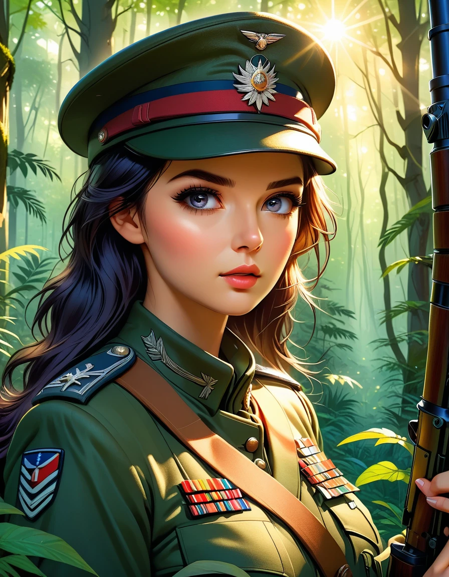 A female sniper,Octetopter， Intricate details, Highly detailed military uniform, Delicate face, beautiful eyes, Long eyelashes, Determine the expression, Holding, In a forest environment, Sunlight through the trees, light, Vibrant colors, Drama, masterpiece,Aim the lens