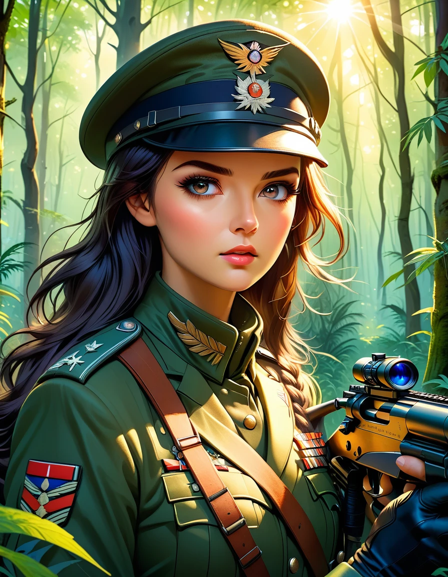 A female sniper,Octetopter， Intricate details, Highly detailed military uniform, Delicate face, beautiful eyes, Long eyelashes, Determine the expression, Holding, In a forest environment, Sunlight through the trees, light, Vibrant colors, Drama, masterpiece,Aim the lens