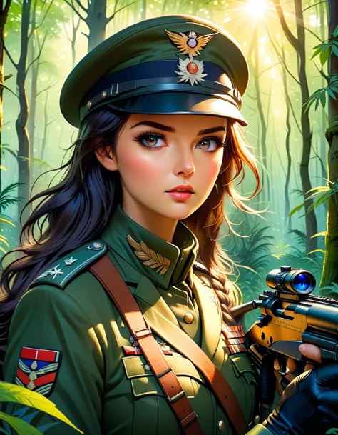 a female sniper,octetopter， intricate details, highly detailed military uniform, delicate face, beautiful eyes, long eyelashes, ...