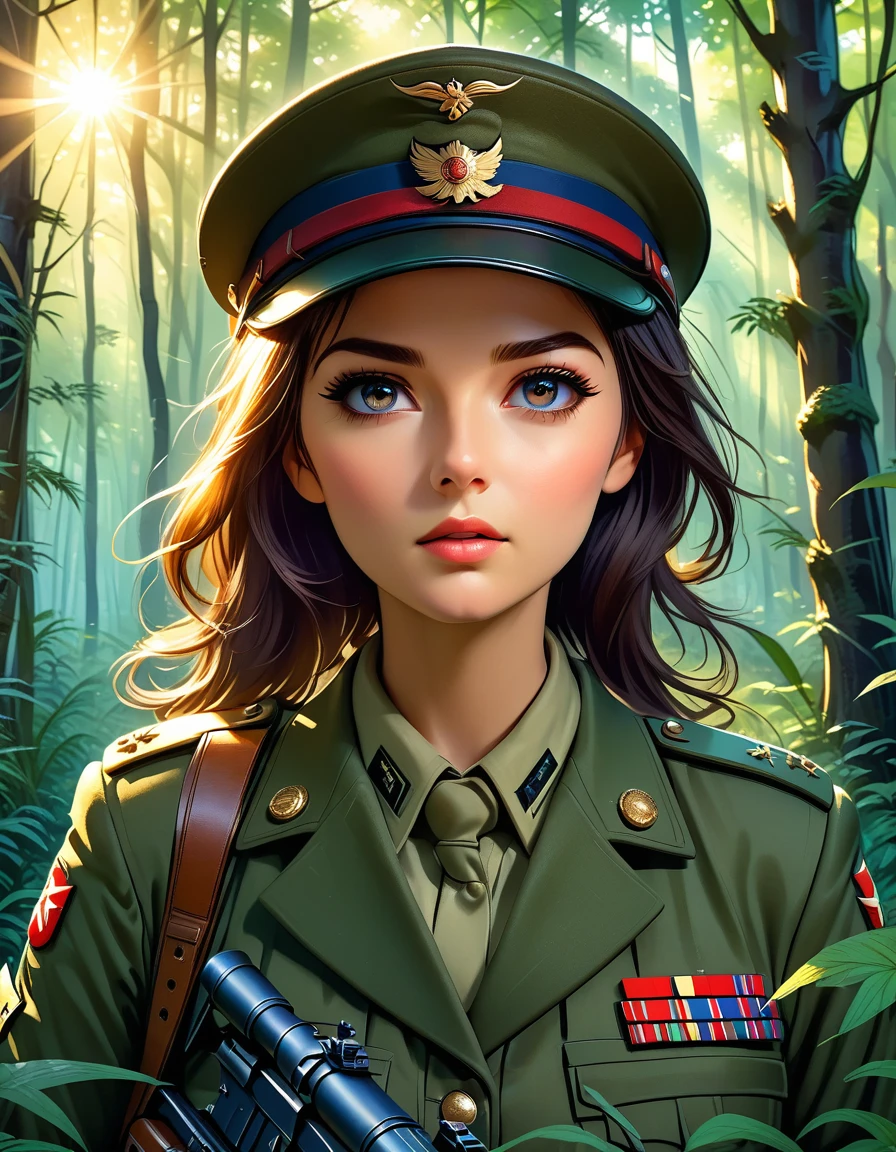 A female sniper,Octetopter， Intricate details, Highly detailed military uniform, Delicate face, beautiful eyes, Long eyelashes, Determine the expression, Holding, In a forest environment, Sunlight through the trees, light, Vibrant colors, Drama, masterpiece,Aim the lens