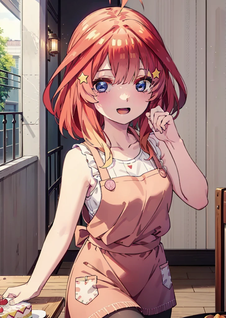 itsukinakano, Itsuki Nakano, bangs, blue eyes, Hair between the eyes, Ahoge, Redhead, star \(symbol\), hair ornaments,happy smile, smile, Open your mouth,cracker, star hair ornaments,Red Tank Top,Long skirt,Black pantyhose,apron,Walking,There is food and a birthday cake on the table,whole bodyがイラストに入るように,
break indoors, room,
break looking at viewer,whole body,
break (masterpiece:1.2), Highest quality, High resolution, unity 8k wallpaper, (figure:0.8), (Beautiful attention to detail:1.6), Highly detailed face, Perfect lighting, Highly detailed CG, (Perfect hands, Perfect Anatomy),