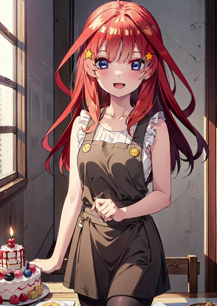 itsukinakano, Itsuki Nakano, bangs, blue eyes, Hair between the eyes, Ahoge, Redhead, star \(symbol\), hair ornaments,happy smile, smile, Open your mouth,cracker, star hair ornaments,Red Tank Top,Long skirt,Black pantyhose,apron,Walking,There is food and a birthday cake on the table,whole bodyがイラストに入るように,
break indoors, room,
break looking at viewer,whole body,
break (masterpiece:1.2), Highest quality, High resolution, unity 8k wallpaper, (figure:0.8), (Beautiful attention to detail:1.6), Highly detailed face, Perfect lighting, Highly detailed CG, (Perfect hands, Perfect Anatomy),