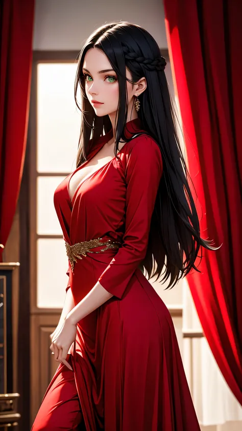 Beautiful 25 year old black haired woman with green eyes and long hair wearing elegant red dress on a photo shoot inside a profe...