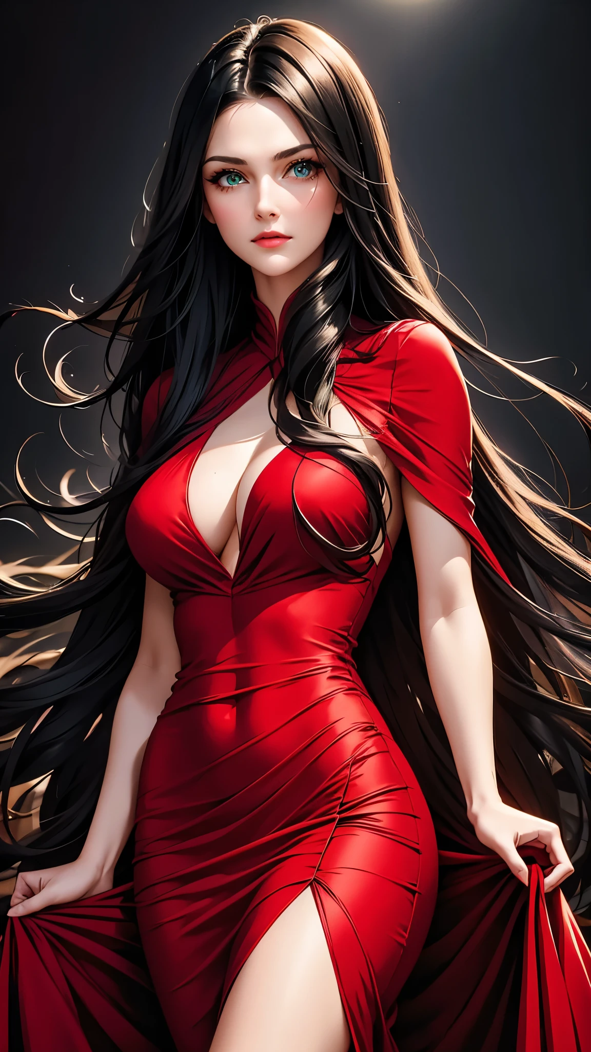 Beautiful 25 year old black haired woman with green eyes and long hair wearing elegant red dress on a photo shoot inside a professional photo studio close up on face 