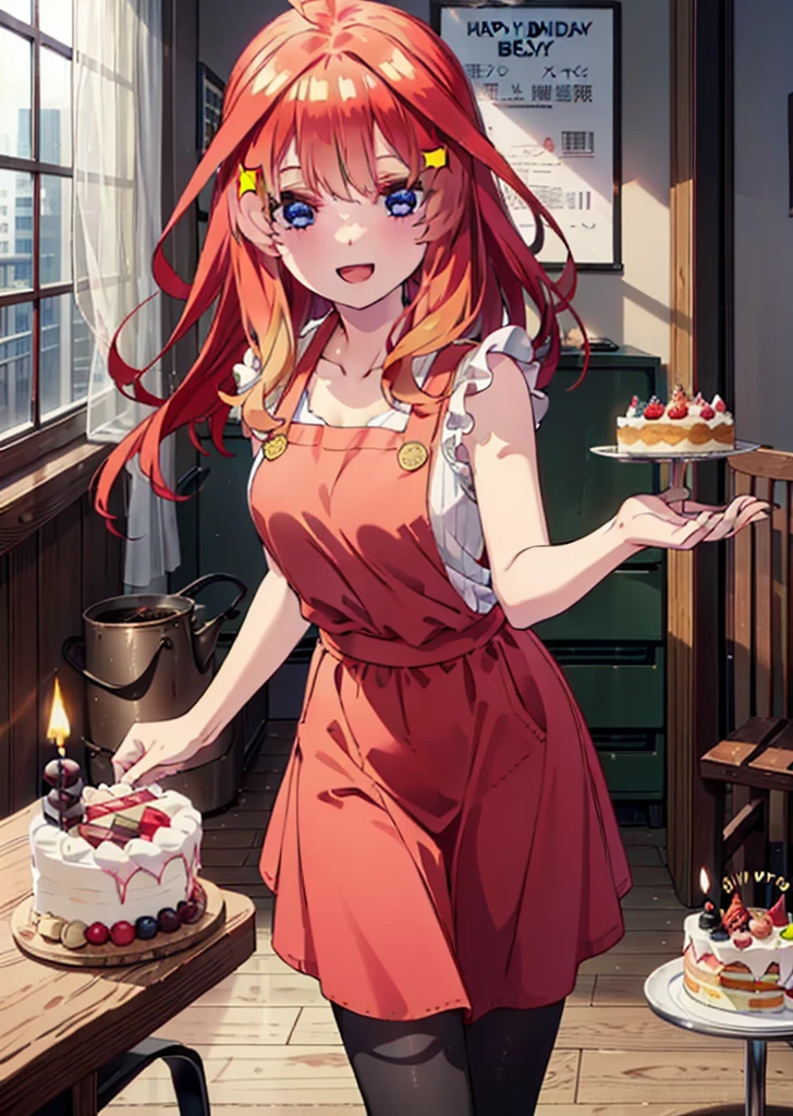 itsukinakano, Itsuki Nakano, bangs, blue eyes, Hair between the eyes, Ahoge, Redhead, star \(symbol\), hair ornaments,happy smile, smile, Open your mouth,cracker, star hair ornaments,Red Tank Top,Long skirt,Black pantyhose,apron,Walking,There is food and a birthday cake on the table,whole bodyがイラストに入るように,
break indoors, room,
break looking at viewer,whole body,
break (masterpiece:1.2), Highest quality, High resolution, unity 8k wallpaper, (figure:0.8), (Beautiful attention to detail:1.6), Highly detailed face, Perfect lighting, Highly detailed CG, (Perfect hands, Perfect Anatomy),