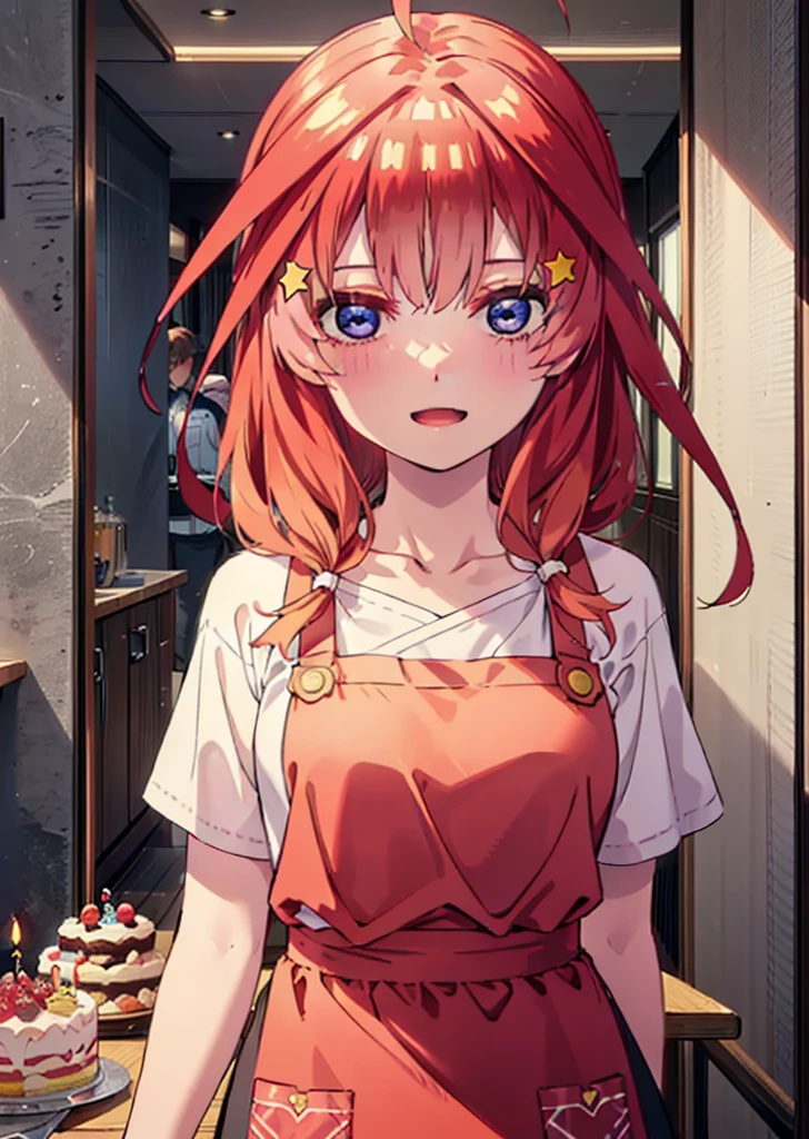 itsukinakano, Itsuki Nakano, bangs, blue eyes, Hair between the eyes, Ahoge, Redhead, star \(symbol\), hair ornaments,happy smile, smile, Open your mouth,cracker, star hair ornaments,Red Tank Top,Long skirt,Black pantyhose,apron,Walking,There is food and a birthday cake on the table,
break indoors, room,
break looking at viewer,Upper Body,
break (masterpiece:1.2), Highest quality, High resolution, unity 8k wallpaper, (figure:0.8), (Beautiful attention to detail:1.6), Highly detailed face, Perfect lighting, Highly detailed CG, (Perfect hands, Perfect Anatomy),