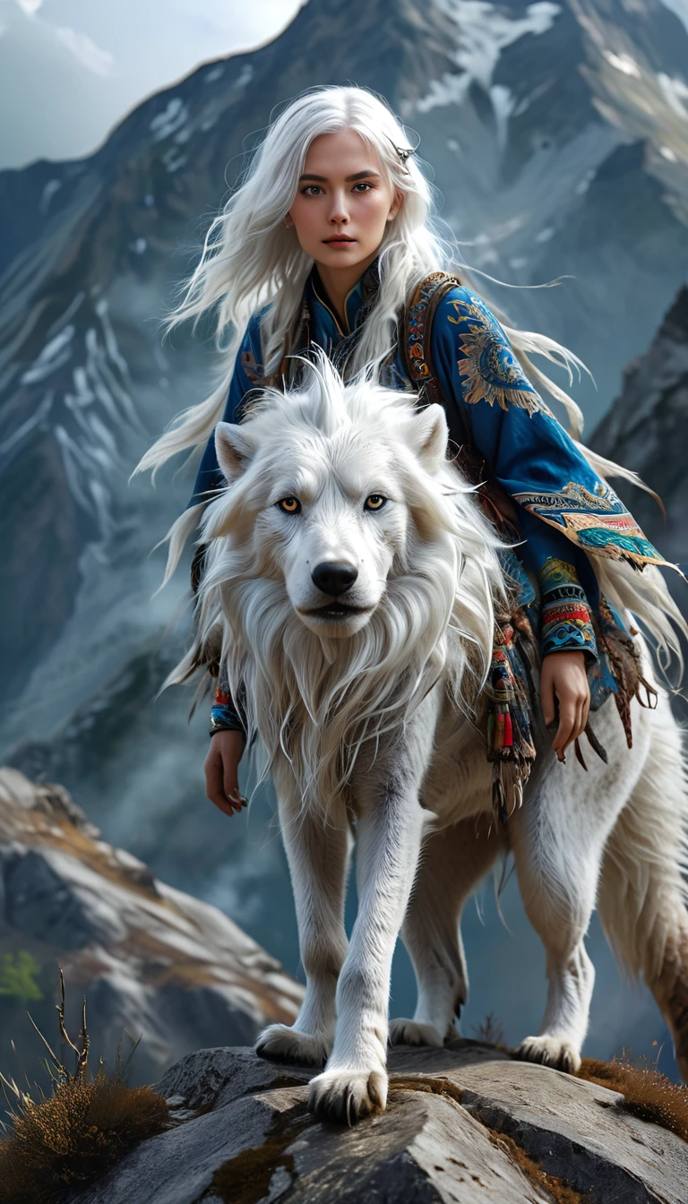 There is a creature on the mountain，human face，White hair，three legs（best quality，4K，8k，High level，masterpiece：1.2），Ultra Detailed，（lifelike，Photo real，Photo real：1.37），Highly detailed animals，Complex patterns，Realistic lighting，Fantasy Creatures