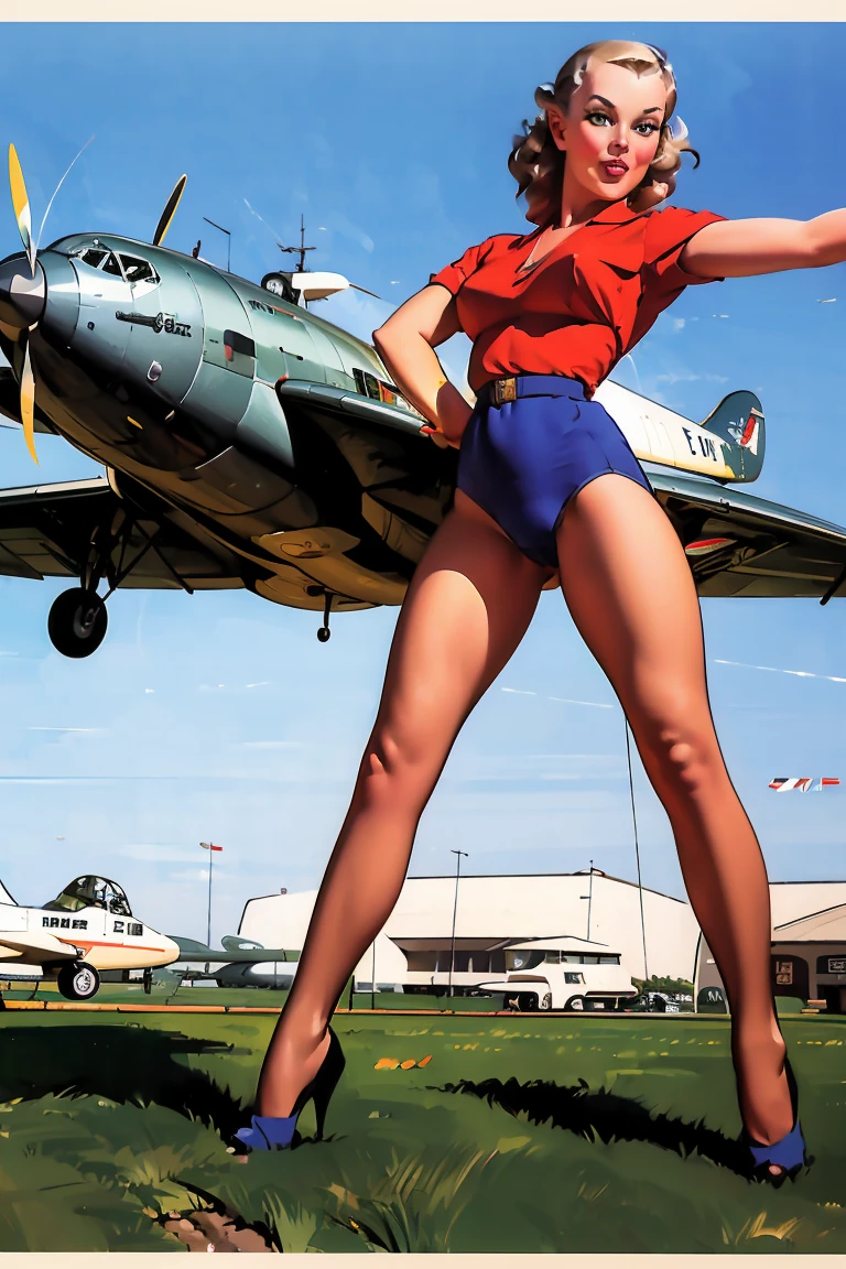 An exquisite masterpiece by artist Arwen, capturing captivating photography from the 1940s/1950s. A seductive pin-up adorns thefuselage of a World War II fighter plane, her ethereal beauty contrasting with the grim realities of war. She strikes a seductive pose, her graceful form accentuated by her form-fitting outfit. This illustration is part of an Air Force war photo shoot, highlighting the role of the charming elf aircraft painter in the bomber. Set against the iconic backdrop of Pearl Harbor, Hawaii, the image combines elements of photography, posters and 3D rendering, creating a stunning, cinematic effect., poster, photography, 3D rendering, cinematic.