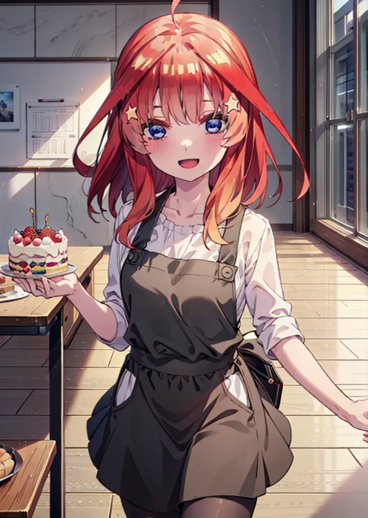 itsukinakano, Itsuki Nakano, bangs, blue eyes, Hair between the eyes, Ahoge, Redhead, star \(symbol\), hair ornaments,happy smile, smile, Open your mouth,cracker, star hair ornaments,Red Tank Top,Long skirt,Black pantyhose,apron,Walking,There is food and a birthday cake on the table,whole bodyがイラストに入るように,
break indoors, room,
break looking at viewer,whole body,
break (masterpiece:1.2), Highest quality, High resolution, unity 8k wallpaper, (figure:0.8), (Beautiful attention to detail:1.6), Highly detailed face, Perfect lighting, Highly detailed CG, (Perfect hands, Perfect Anatomy),