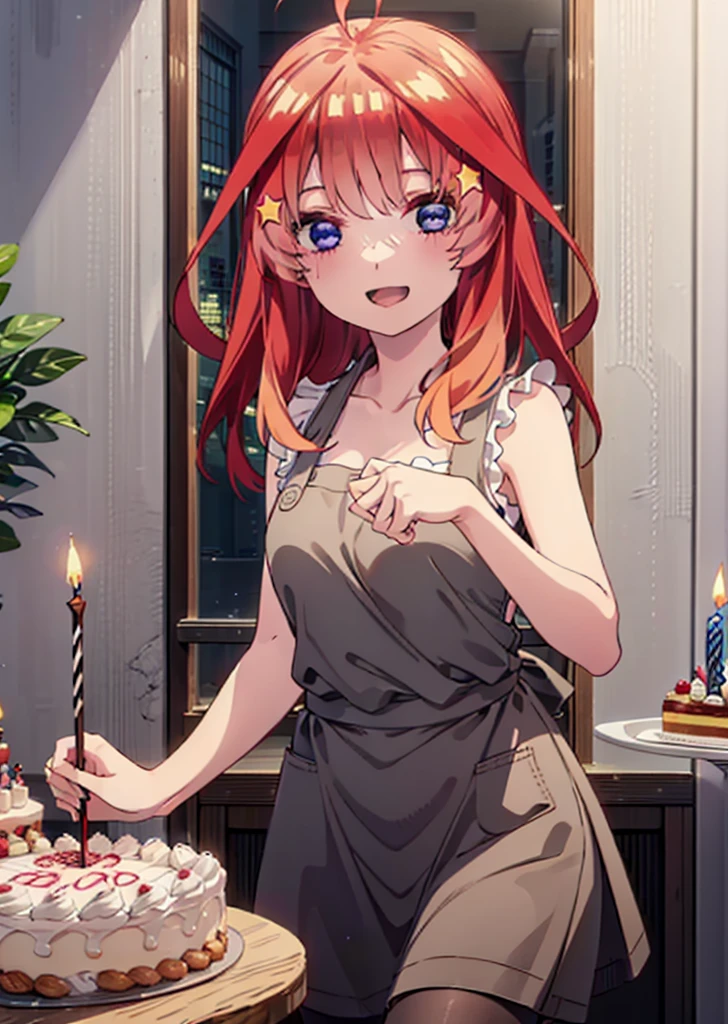 itsukinakano, Itsuki Nakano, bangs, blue eyes, Hair between the eyes, Ahoge, Redhead, star \(symbol\), hair ornaments,happy smile, smile, Open your mouth,cracker, star hair ornaments,Red Tank Top,Long skirt,Black pantyhose,apron,Walking,There is food and a birthday cake on the table,whole bodyがイラストに入るように,
break indoors, room,
break looking at viewer,whole body,
break (masterpiece:1.2), Highest quality, High resolution, unity 8k wallpaper, (figure:0.8), (Beautiful attention to detail:1.6), Highly detailed face, Perfect lighting, Highly detailed CG, (Perfect hands, Perfect Anatomy),