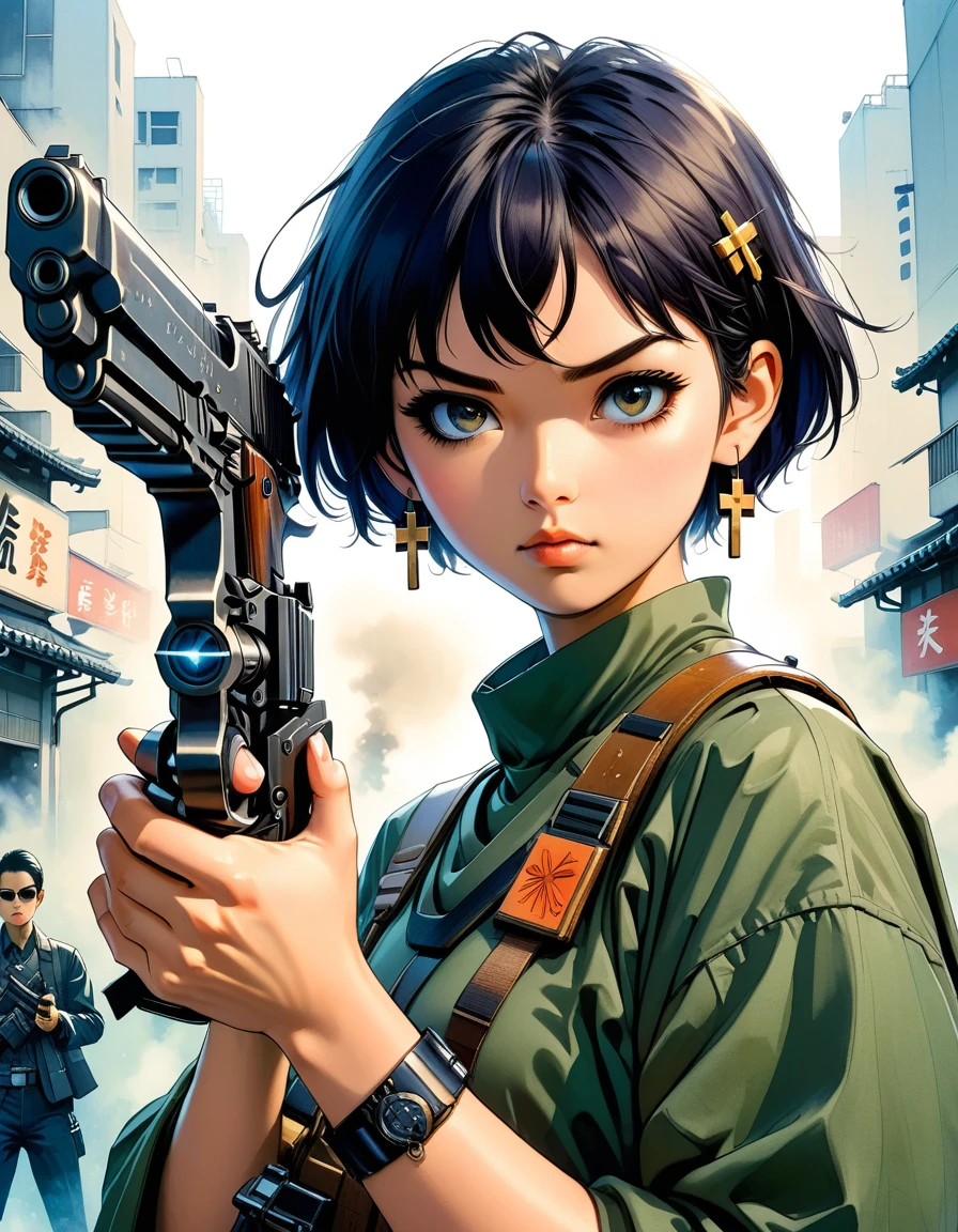 A Japanese manga-style illustration in the vein of Katsuhiro Otomo, featuring a short-haired girl with cross-shaped earrings, holding a gun pointed at the camera, with her eyes locked onto the viewer. The focus is on her eyes, with the gun barrel blurred