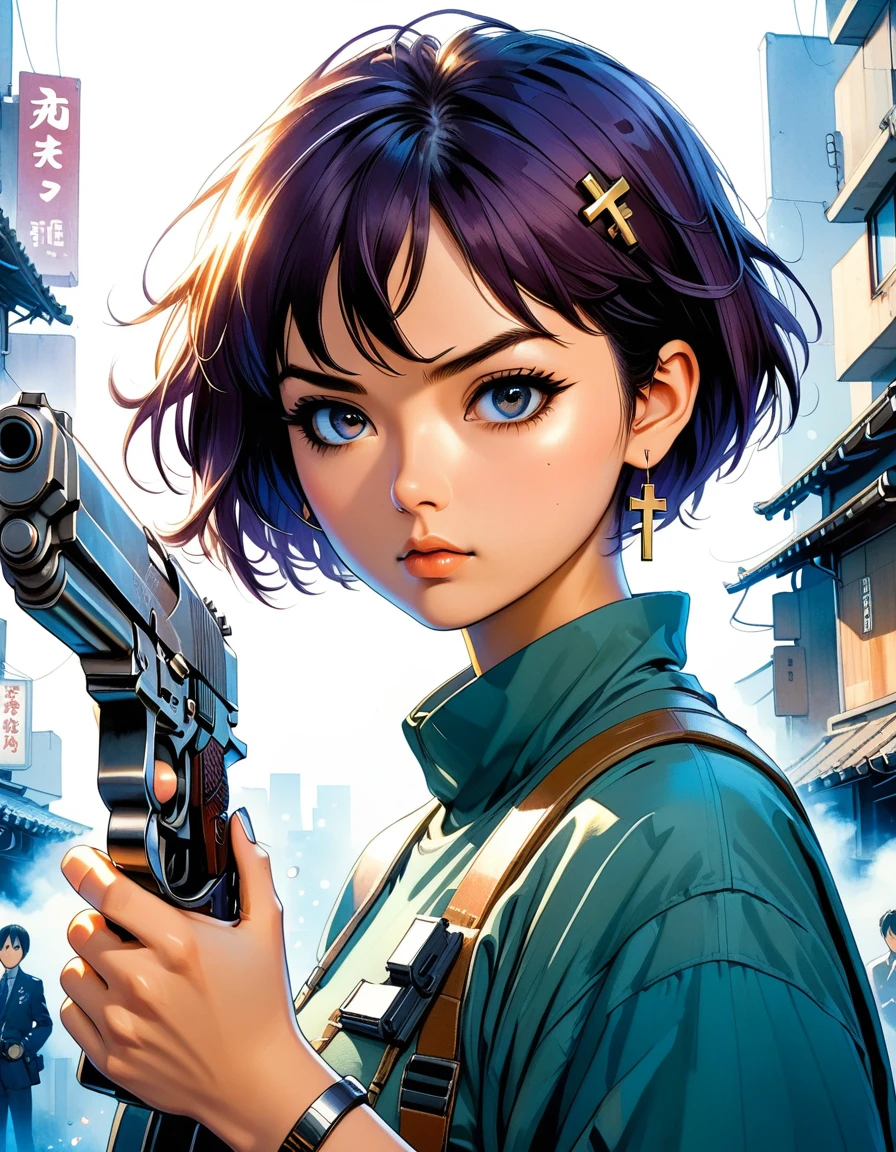 A Japanese manga-style illustration in the vein of Katsuhiro Otomo, featuring a short-haired girl with cross-shaped earrings, holding a gun pointed at the camera, with her eyes locked onto the viewer. The focus is on her eyes, with the gun barrel blurred