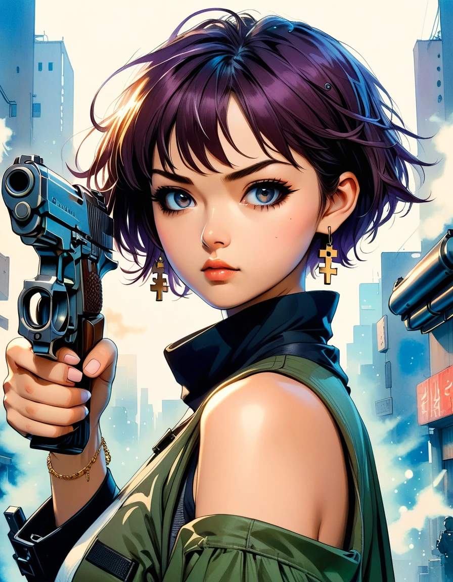 A Japanese manga-style illustration in the vein of Katsuhiro Otomo, featuring a short-haired girl with cross-shaped earrings, holding a gun pointed at the camera, with her eyes locked onto the viewer. The focus is on her eyes, with the gun barrel blurred