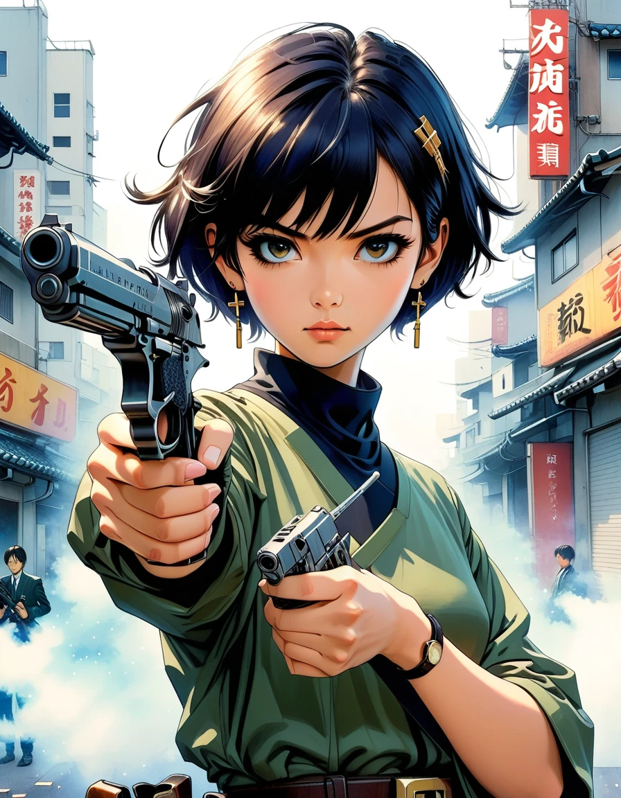 A Japanese manga-style illustration in the vein of Katsuhiro Otomo, featuring a short-haired girl with cross-shaped earrings, holding a gun pointed at the camera, with her eyes locked onto the viewer. The focus is on her eyes, with the gun barrel blurred