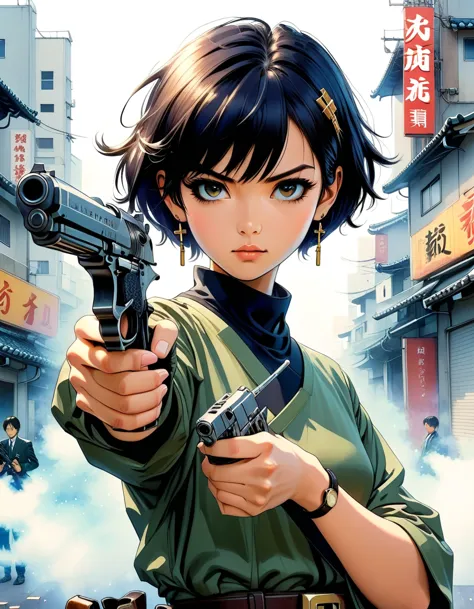 a japanese manga-style illustration in the vein of katsuhiro otomo, featuring a short-haired girl with cross-shaped earrings, ho...