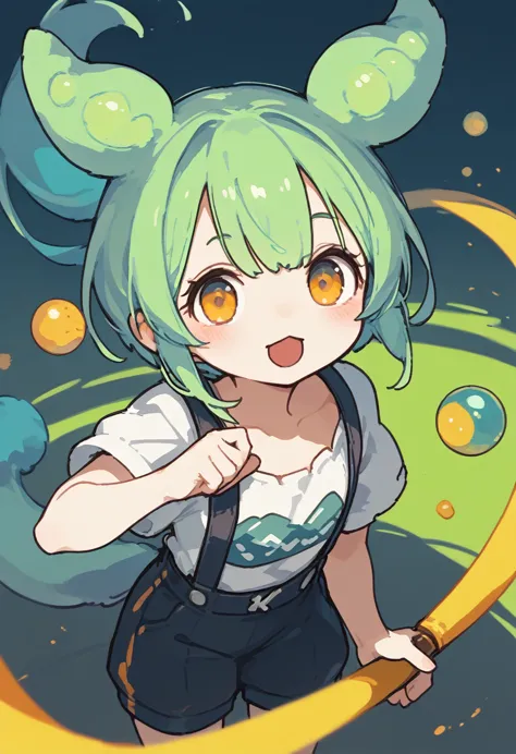 Zundamo,Voice Box,Girl with green hair, Brush Sticker, Animal ears, Long Hair, Low Ponytail, Hair Ears,White shirt, Short sleeve...