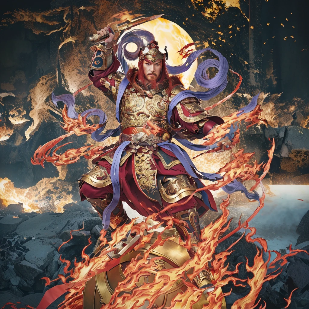 red hair male Chinese warrior (3 eyes) asura look, ancient Chinese armour, surrounded by fire, sending on a huge metallic wheel, holding a metal whip weapon (sword), purple deity ribbon, fierce look, proper finger gesture