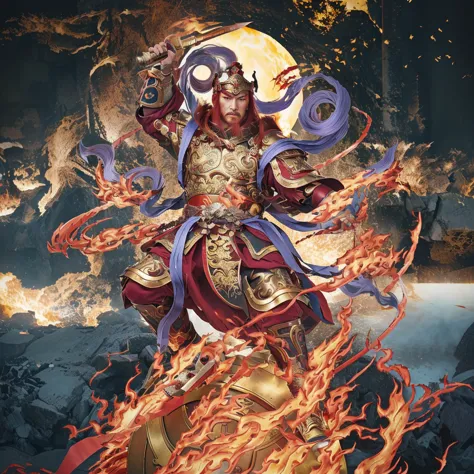 red hair male Chinese warrior (3 eyes) asura look, ancient Chinese armour, surrounded by fire, sending on a huge metallic wheel,...