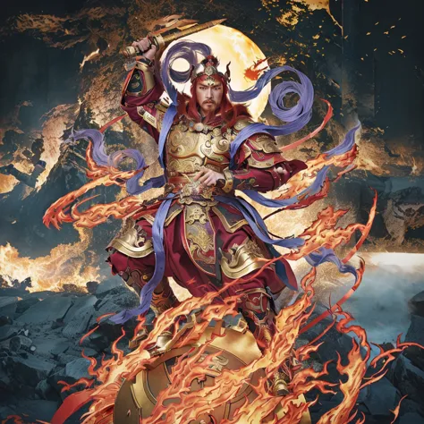 red hair male Chinese warrior (3 eyes) asura look, ancient Chinese armour, surrounded by fire, sending on a huge metallic wheel,...