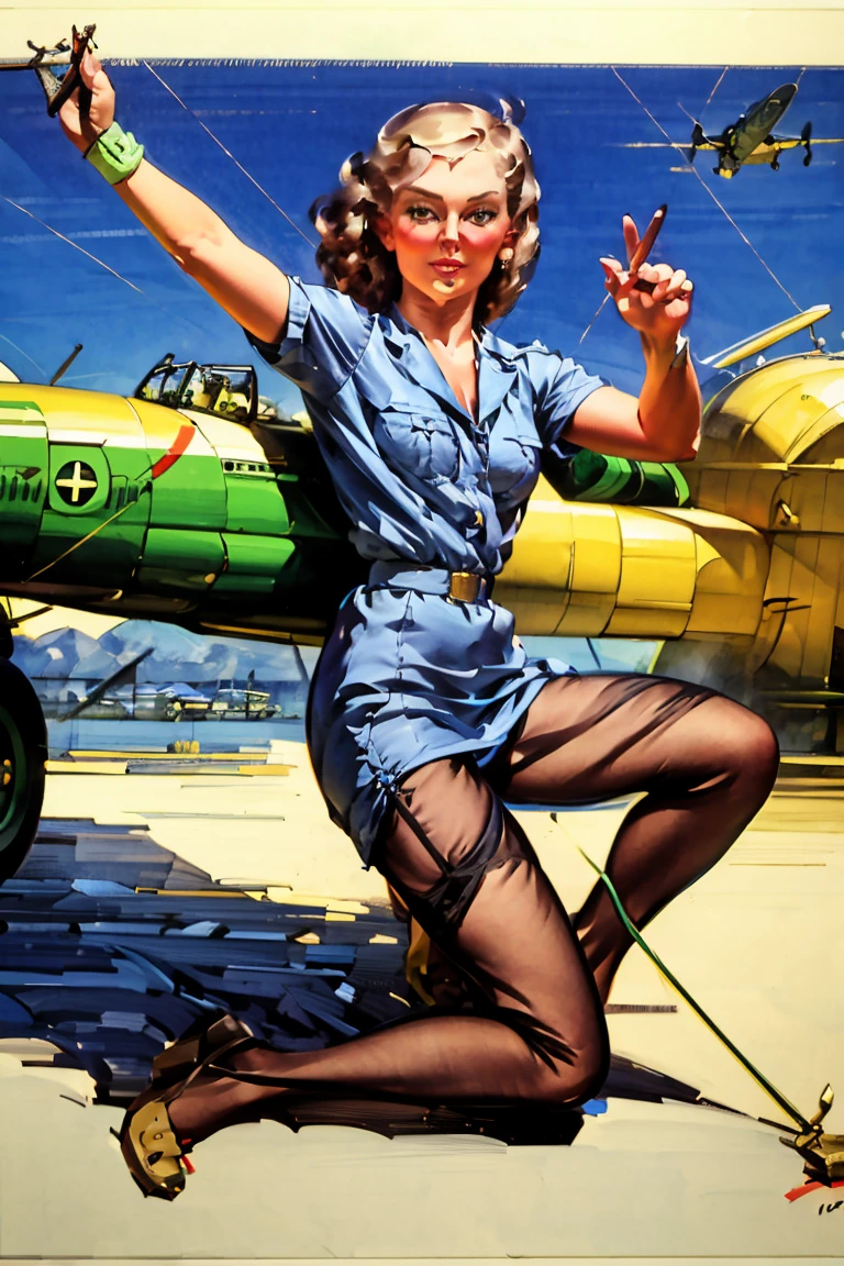 An exquisite masterpiece by the artist Arwen., capturing captivating Photography from the 1940s/1950s. A seductive pin-up adorns the fuselage of a World War II fighter plane, Its ethereal beauty contrasts with the grim realities of war. She strikes a seductive pose, his elegant form accentuated by his tight suit. This illustration is part of an Air Force war photo shoot., highlighting the role of the charming airplane painter elf in the bomber. Set against the iconic backdrop of Pearl Harbor, Hawai, the image combines elements of Photography, posters and 3d rendering, creating an impressive, cinematographic effect., poster, Photography, 3d rendering, cinematographic.