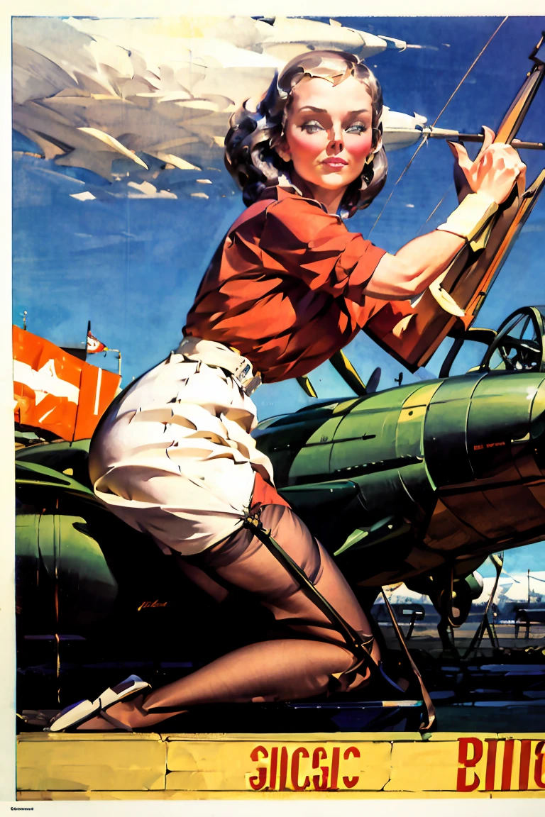 An exquisite masterpiece by the artist Arwen., capturing captivating Photography from the 1940s/1950s. A seductive pin-up adorns the fuselage of a World War II fighter plane, Its ethereal beauty contrasts with the grim realities of war. She strikes a seductive pose, his elegant form accentuated by his tight suit. This illustration is part of an Air Force war photo shoot., highlighting the role of the charming airplane painter elf in the bomber. Set against the iconic backdrop of Pearl Harbor, Hawai, the image combines elements of Photography, posters and 3d rendering, creating an impressive, cinematographic effect., poster, Photography, 3d rendering, cinematographic.