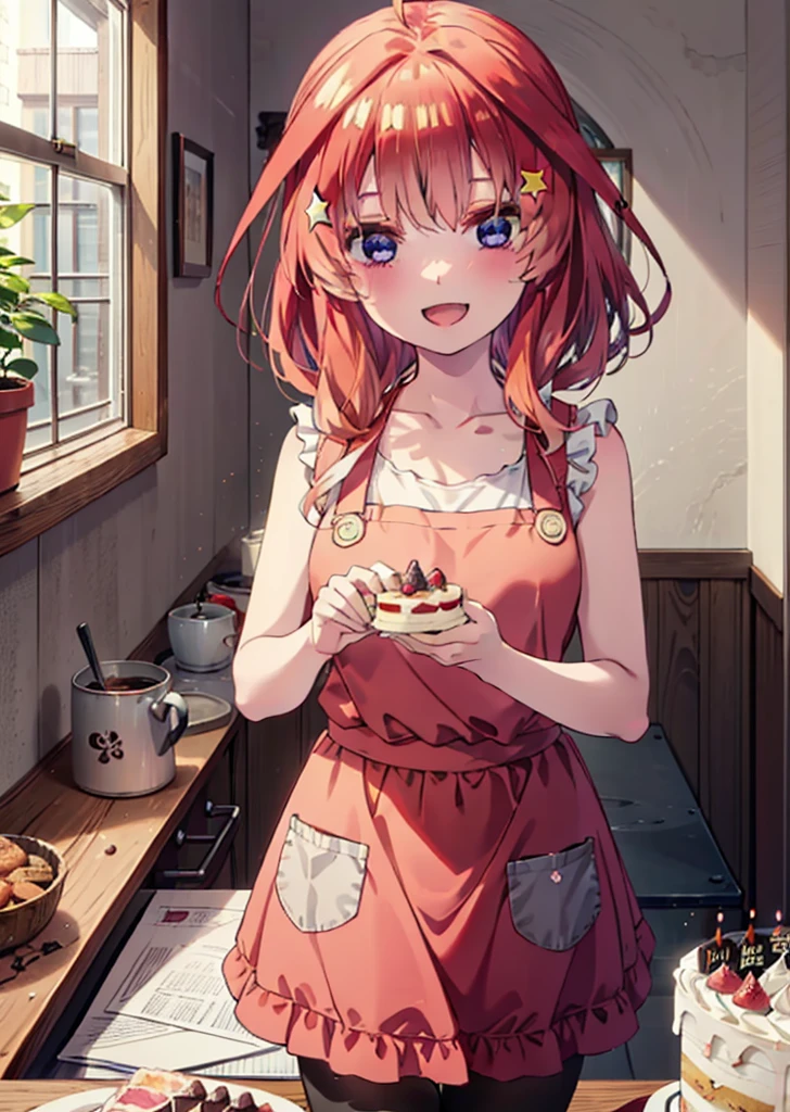 itsukinakano, Itsuki Nakano, bangs, blue eyes, Hair between the eyes, Ahoge, Redhead, star \(symbol\), hair ornaments,happy smile, smile, Open your mouth,cracker, star hair ornaments,Red Tank Top,Long skirt,Black pantyhose,apron,Walking,There is food and a birthday cake on the table,whole bodyがイラストに入るように,
break indoors, room,
break looking at viewer,whole body,
break (masterpiece:1.2), Highest quality, High resolution, unity 8k wallpaper, (figure:0.8), (Beautiful attention to detail:1.6), Highly detailed face, Perfect lighting, Highly detailed CG, (Perfect hands, Perfect Anatomy),