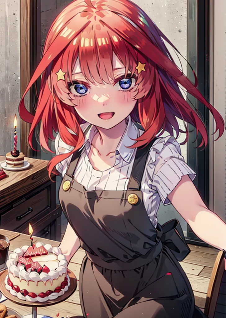 itsukinakano, Itsuki Nakano, bangs, blue eyes, Hair between the eyes, Ahoge, Redhead, star \(symbol\), hair ornaments,happy smile, smile, Open your mouth,cracker, star hair ornaments,Red Tank Top,Long skirt,Black pantyhose,apron,Walking,There is food and a birthday cake on the table,whole bodyがイラストに入るように,
break indoors, room,
break looking at viewer,whole body,
break (masterpiece:1.2), Highest quality, High resolution, unity 8k wallpaper, (figure:0.8), (Beautiful attention to detail:1.6), Highly detailed face, Perfect lighting, Highly detailed CG, (Perfect hands, Perfect Anatomy),