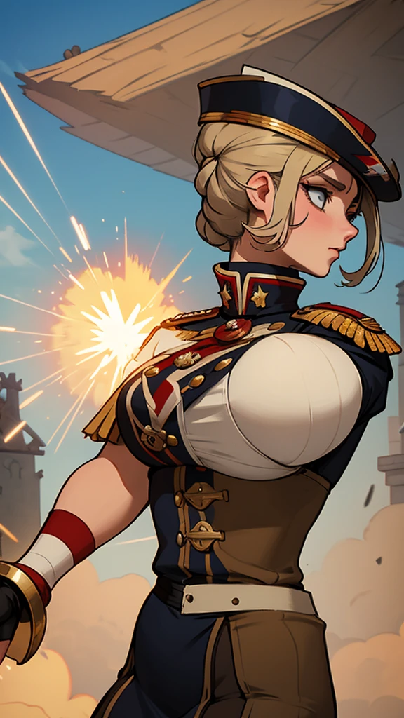 Woman napoleonic soldier, extra curvy, napoleonic french uniform, napoleonic war, Waterloo, year 1803, cannons firing behind, Explosions, in it