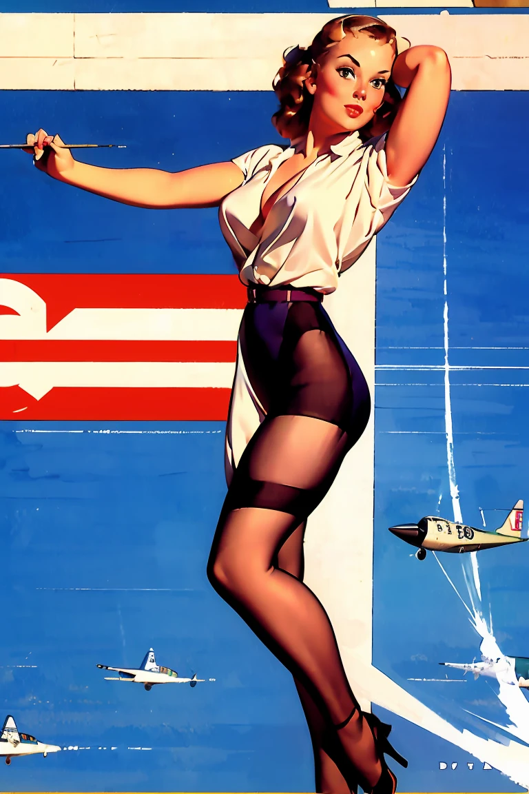 An exquisite masterpiece by the artist Arwen., capturing captivating Photography from the 1940s/1950s. A seductive pin-up adorns the fuselage of a World War II fighter plane, Its ethereal beauty contrasts with the grim realities of war. She strikes a seductive pose, his elegant form accentuated by his tight suit. This illustration is part of an Air Force war photo shoot., highlighting the role of the charming airplane painter elf in the bomber. Set against the iconic backdrop of Pearl Harbor, Hawai, the image combines elements of Photography, posters and 3d rendering, creating an impressive, cinematographic effect., poster, Photography, 3d rendering, cinematographic.