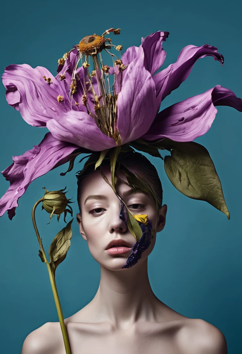 a human shaped wilted flower, in the style of [Surreal attention] , portraits, disfigured forms, pop-culture-infused, photography, hyper-realistic pop