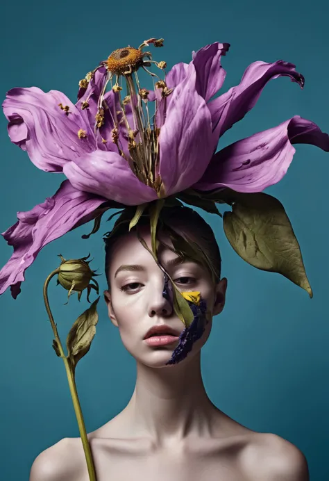 a human shaped wilted flower, in the style of [surreal attention] , portraits, disfigured forms, pop-culture-infused, photograph...