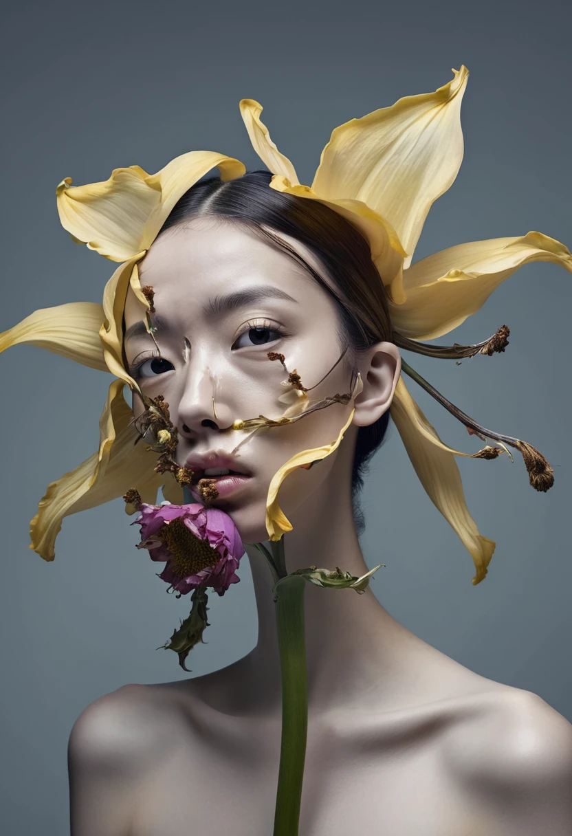 a human shaped wilted flower, in the style of [Surreal attention] , portraits, disfigured forms, pop-culture-infused, photography, hyper-realistic pop