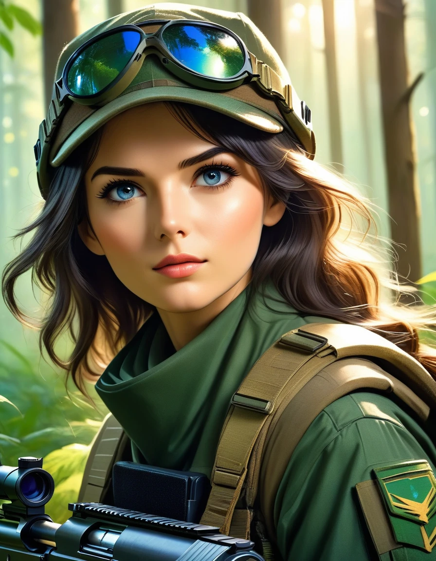 A female sniper,Octetopter， Intricate details, Highly detailed military uniform, Delicate face, beautiful eyes, Long eyelashes, Determine the expression, Holding, In a forest environment, Sunlight through the trees, light, Vibrant colors, Drama, masterpiece,Aim the camera