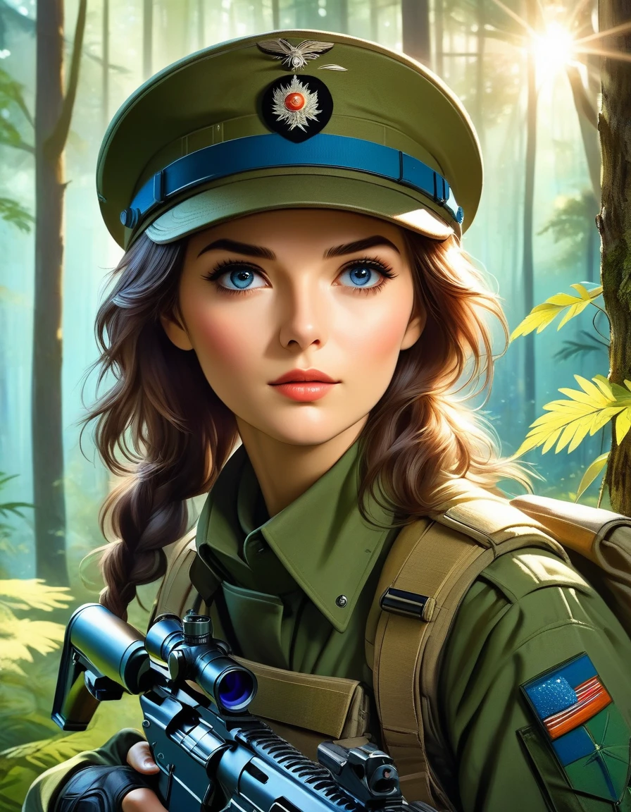 A female sniper,Octetopter， Intricate details, Highly detailed military uniform, Delicate face, beautiful eyes, Long eyelashes, Determine the expression, Holding, In a forest environment, Sunlight through the trees, light, Vibrant colors, Drama, masterpiece,Aim the camera