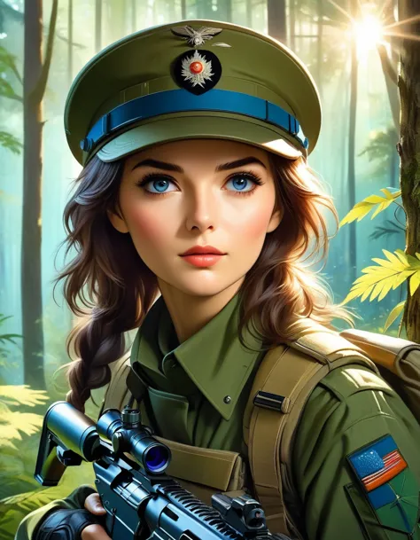 a female sniper,octetopter， intricate details, highly detailed military uniform, delicate face, beautiful eyes, long eyelashes, ...